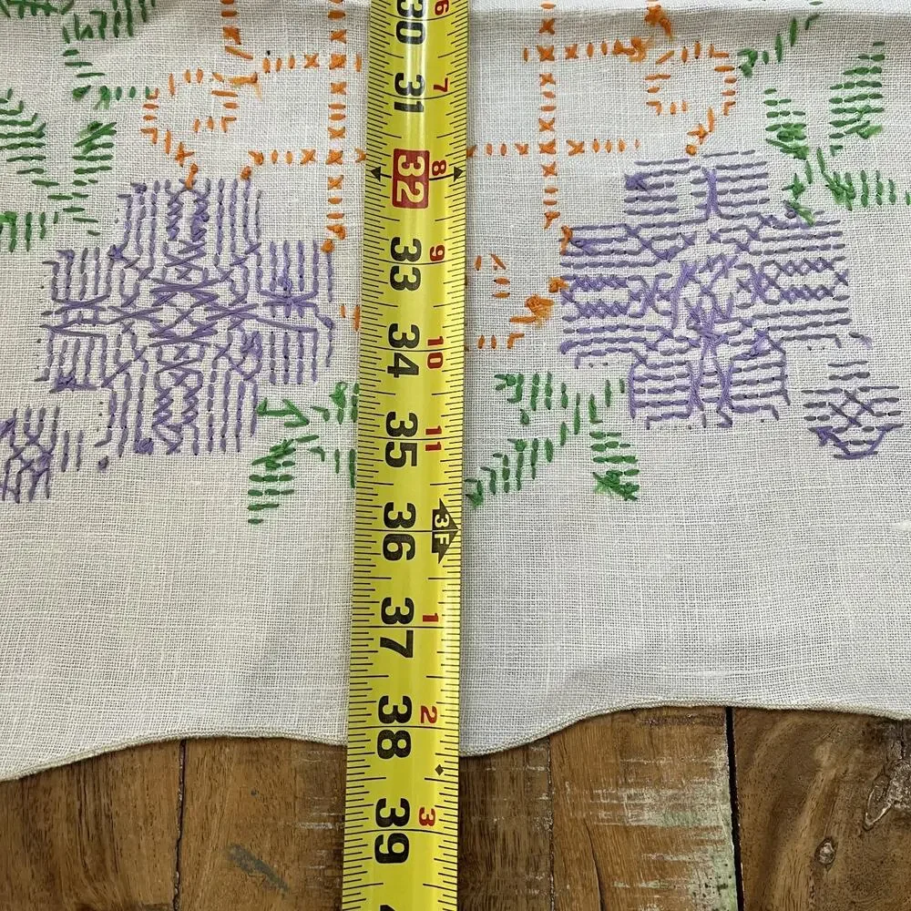 Vintage Linen Table Runner 13 x 38 in Cross Stitched White Purple Flowers